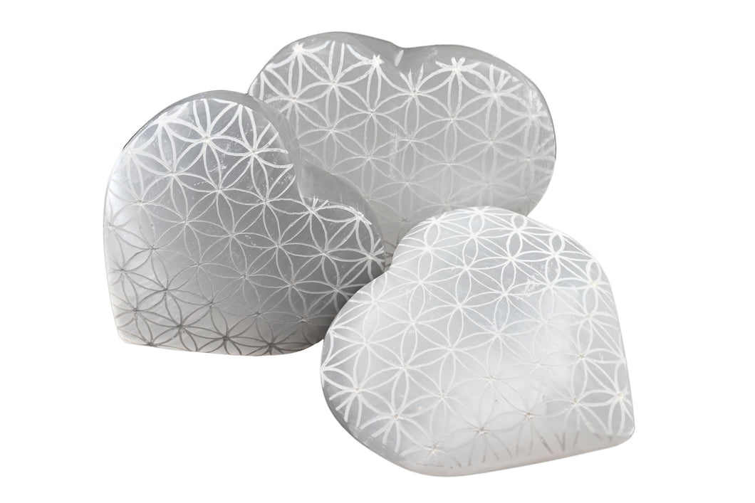 Selenite Large Flower of Life Hearts - 3 pcs